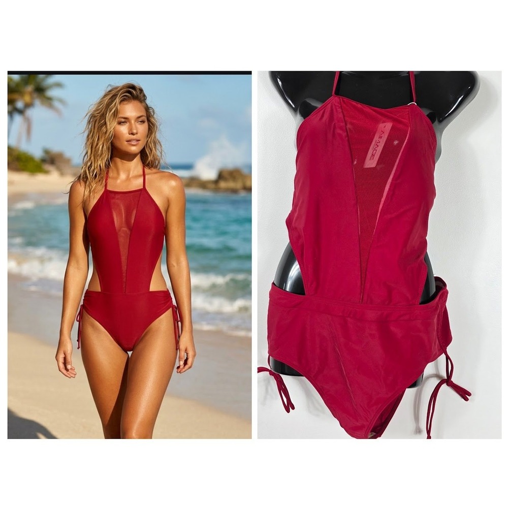 AIMAGE One Piece Swimsuit Women XXL Red Mesh Cutout‎ Monokini High Neck Swimwear